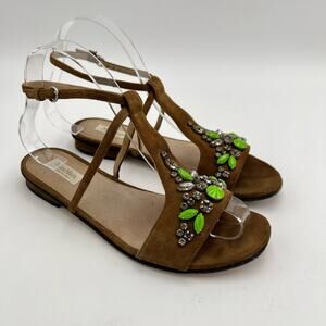 Max Mara Embellished T-Strop Sandals EU 37 US 7 Brown Suede Leather Ankle Strap